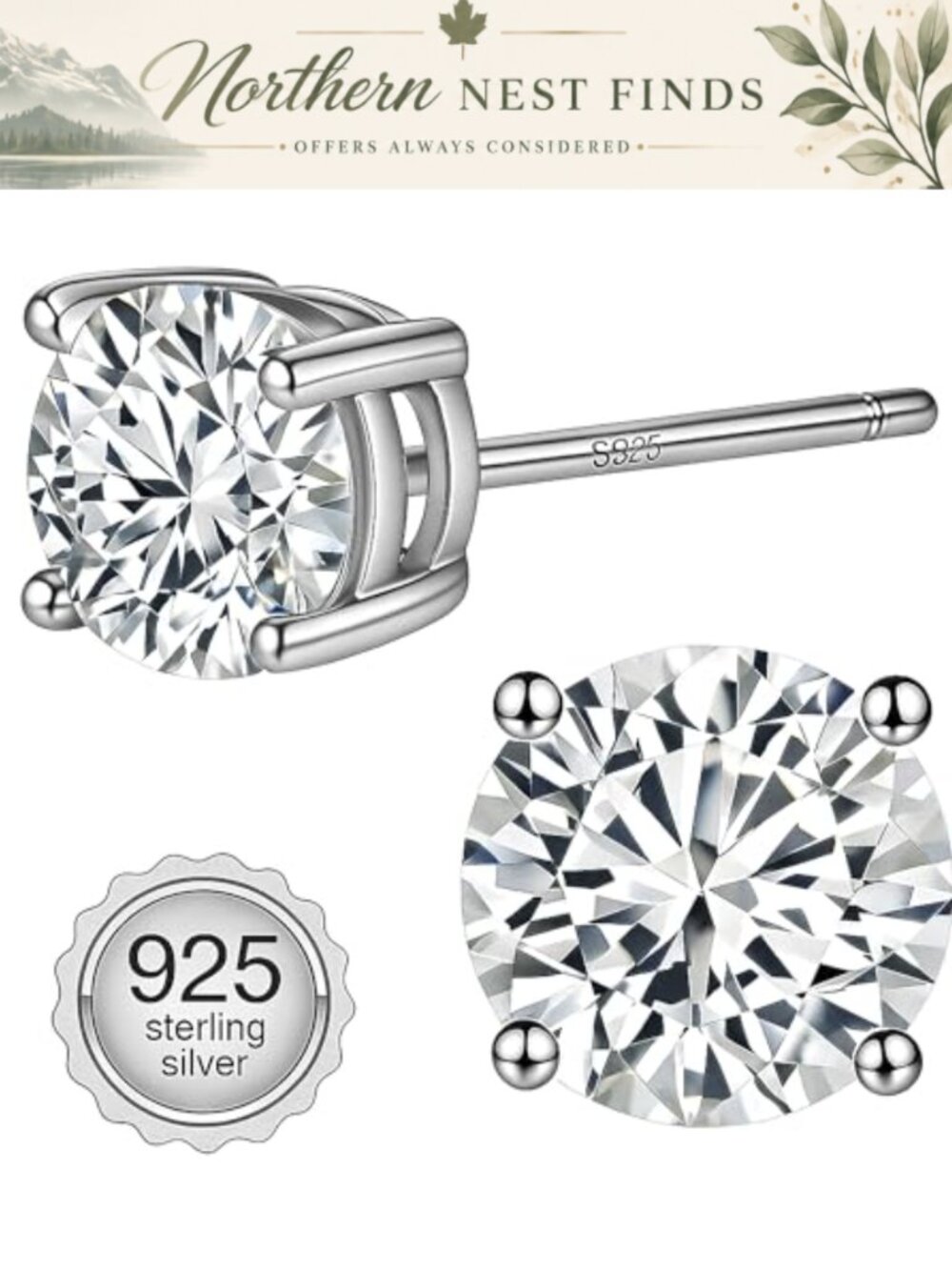 Sterling Silver Stud Earrings AAAAA+ Cubic Zirconia 6mm Hypoallergenic Unisex
